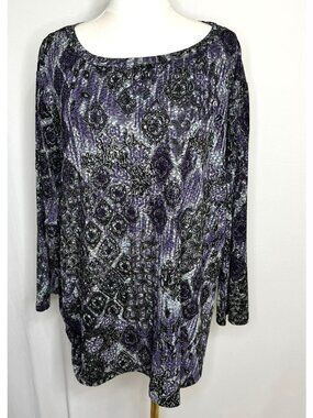 Koret Womens 3X Tunic Top Shirt Long Sleeves & Abstract Purple Black Pattern